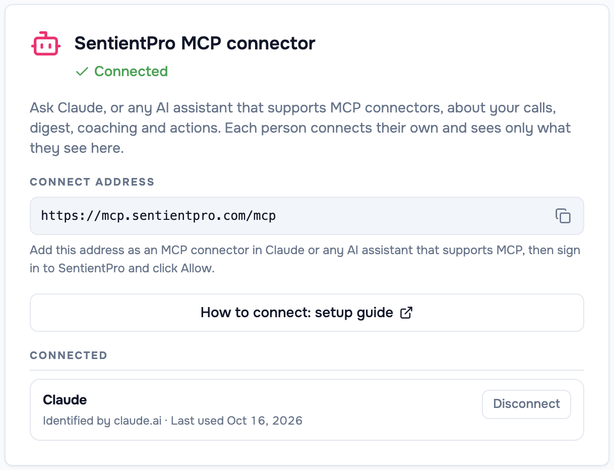 The SentientPro MCP connector card in Settings, with the connect address