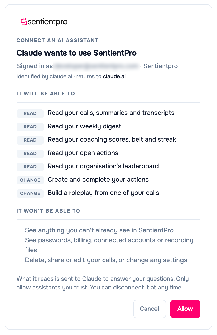 The SentientPro approval page: Claude wants to use SentientPro