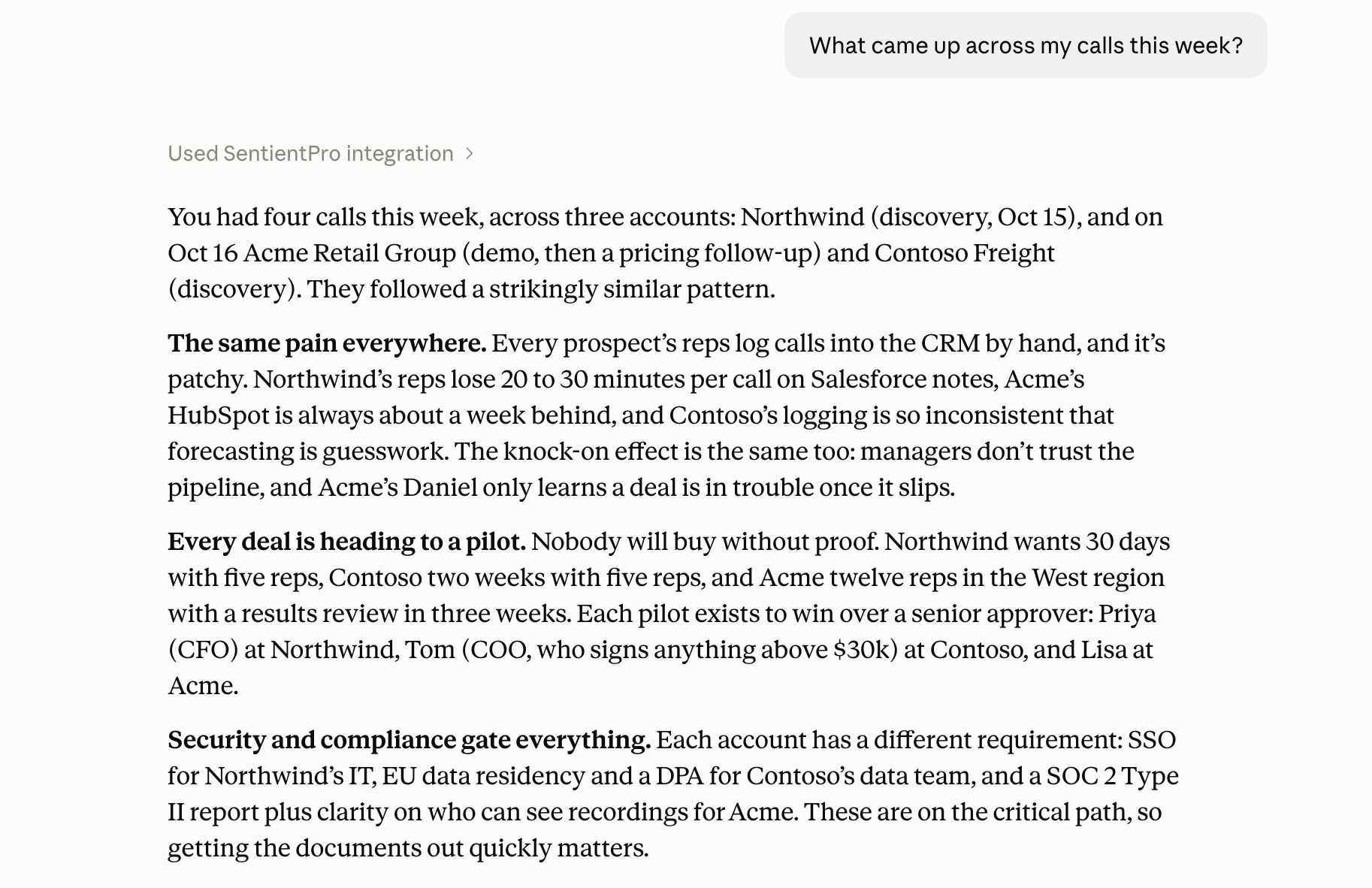 Claude answering "What came up across my calls this week?" using SentientPro