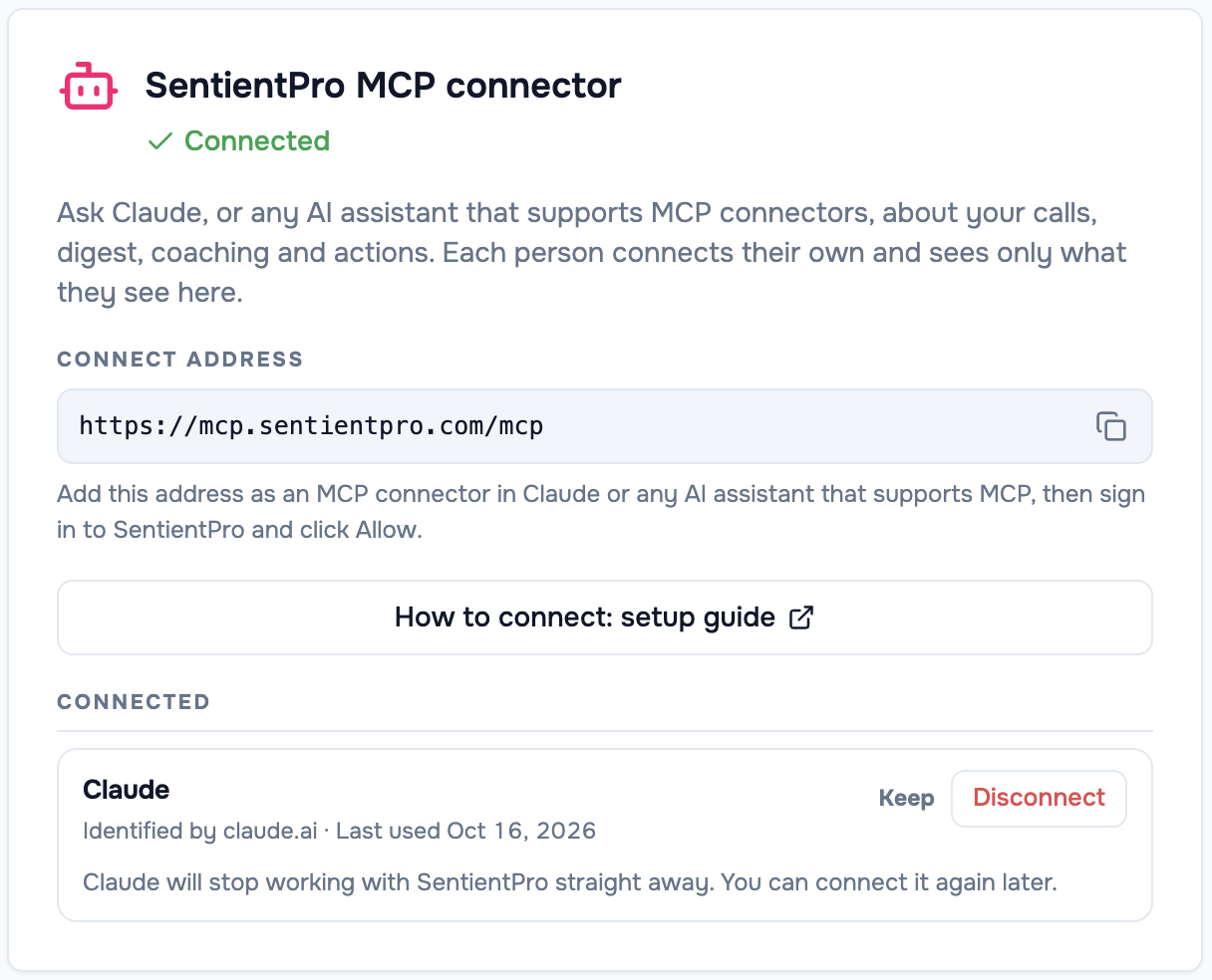 Disconnecting Claude from the SentientPro MCP connector card